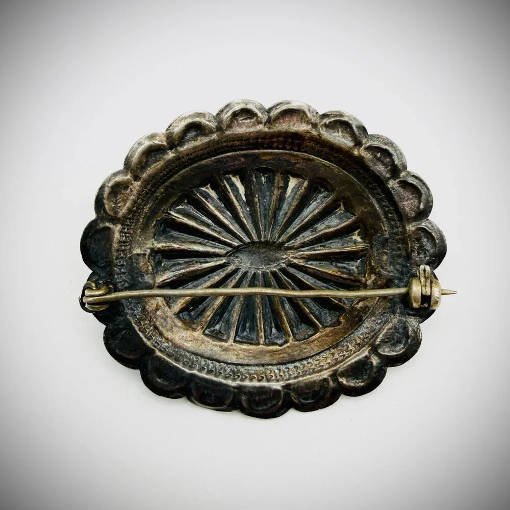 Vintage Sterling Turquoise Concho Brooch Pin 1.75